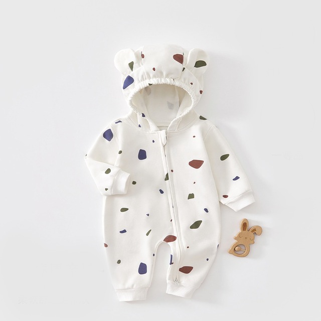 【BABY】恐竜柄クマ帽子付きロンパース