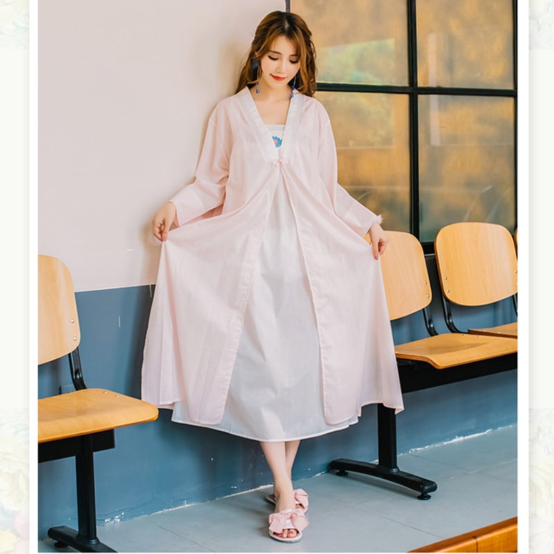 部屋着 レディース チャイナ風ルームウェア 寝巻き ワンピース 2点セット ブルー ピンク Elegant