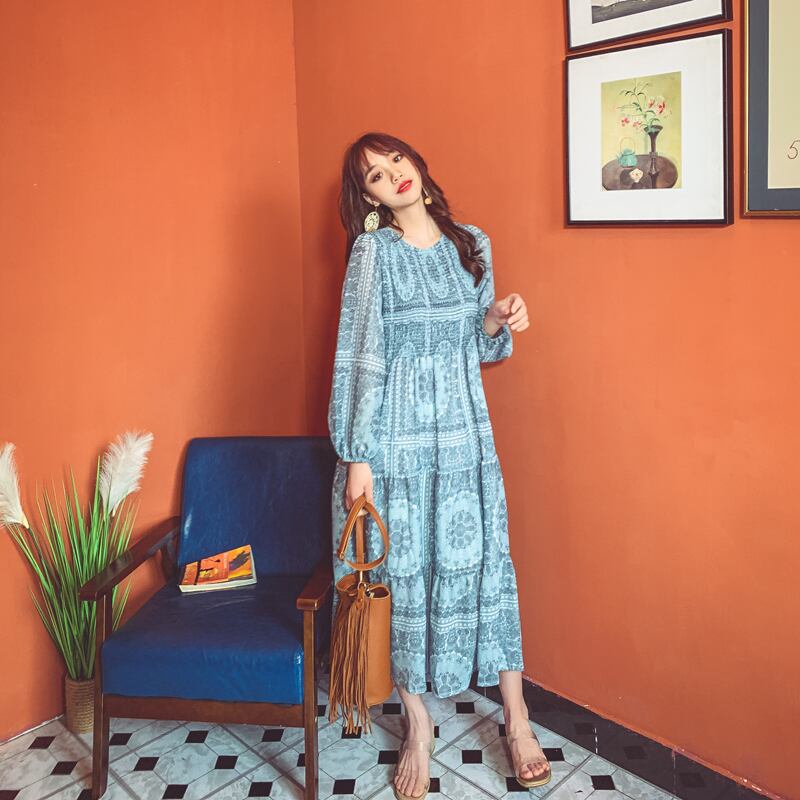 スカート サマースタンダードスタイルボヘミアンプリント柄ロング薄手ドレス レトロ 大人ガーリー スウィート キュート カジュアル エレガント 夏物 ビーチ 延命家ファッション7517548