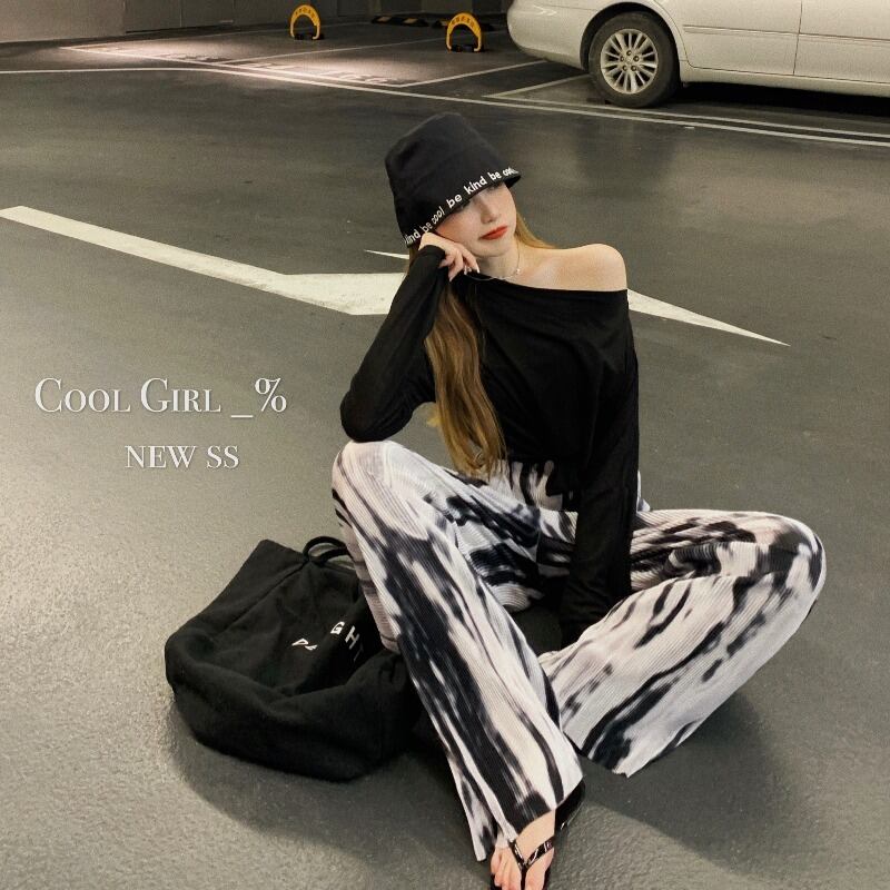 ストレートブラックタイダイルーズカジュアルパンツ女性の夏の薄いハイウエストドレープワイドレッグパンツ2020新しいパンツ ブラックストロベリース85429402863