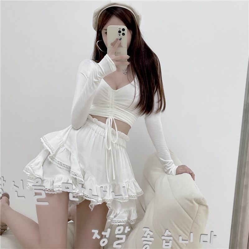 スタイルギャザーダブルショートトップス ハイウェストウェストレーススカート レディース ピュア YY-ファッション33867006758