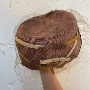 VINTAGE brown ribbon beads hat