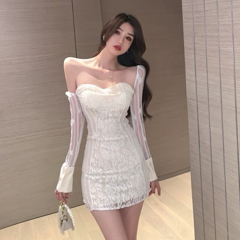 ストラップレスレースドレス オータムホワイトスカート 秋物 ハンチェンe7520477400