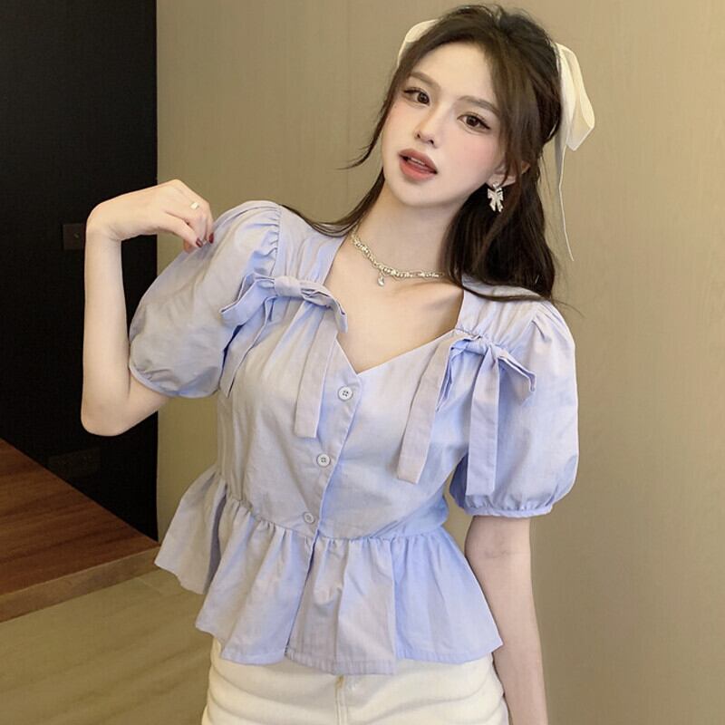 シャツ サマーウェストショートブラウス 薄手 リボン 大人ガーリー スウィート キュート カジュアル 夏物 ガールズファッション35881498679