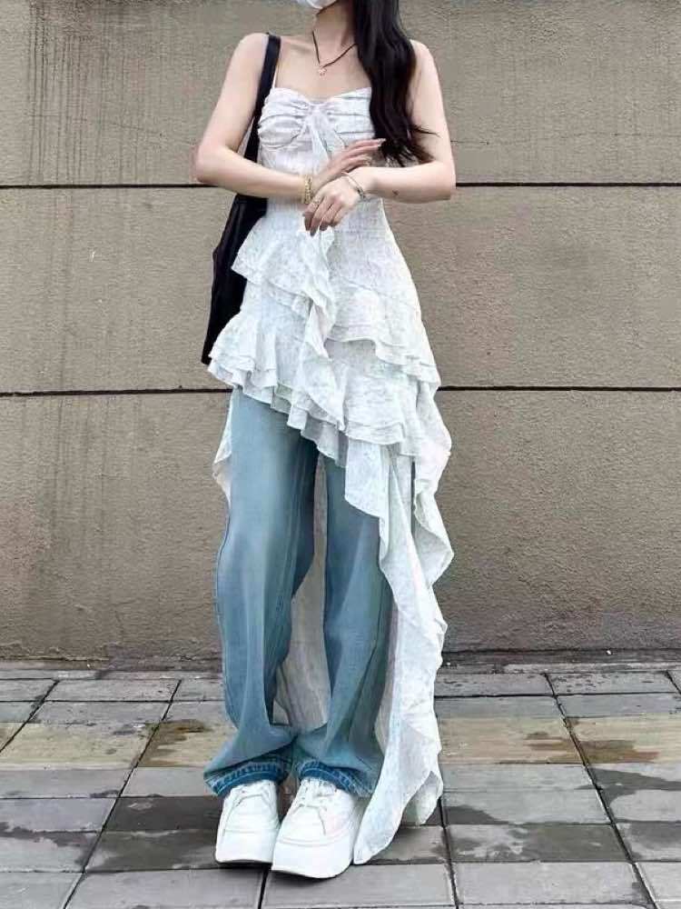 ドレスチックなデザインで魅了 アシンメトリーフリルキャミワンピース おしゃれ 着映え フリル ロング ミニ きれいめ エレガント カジュアル 細見え 大きいサイズ 韓国 CH9669