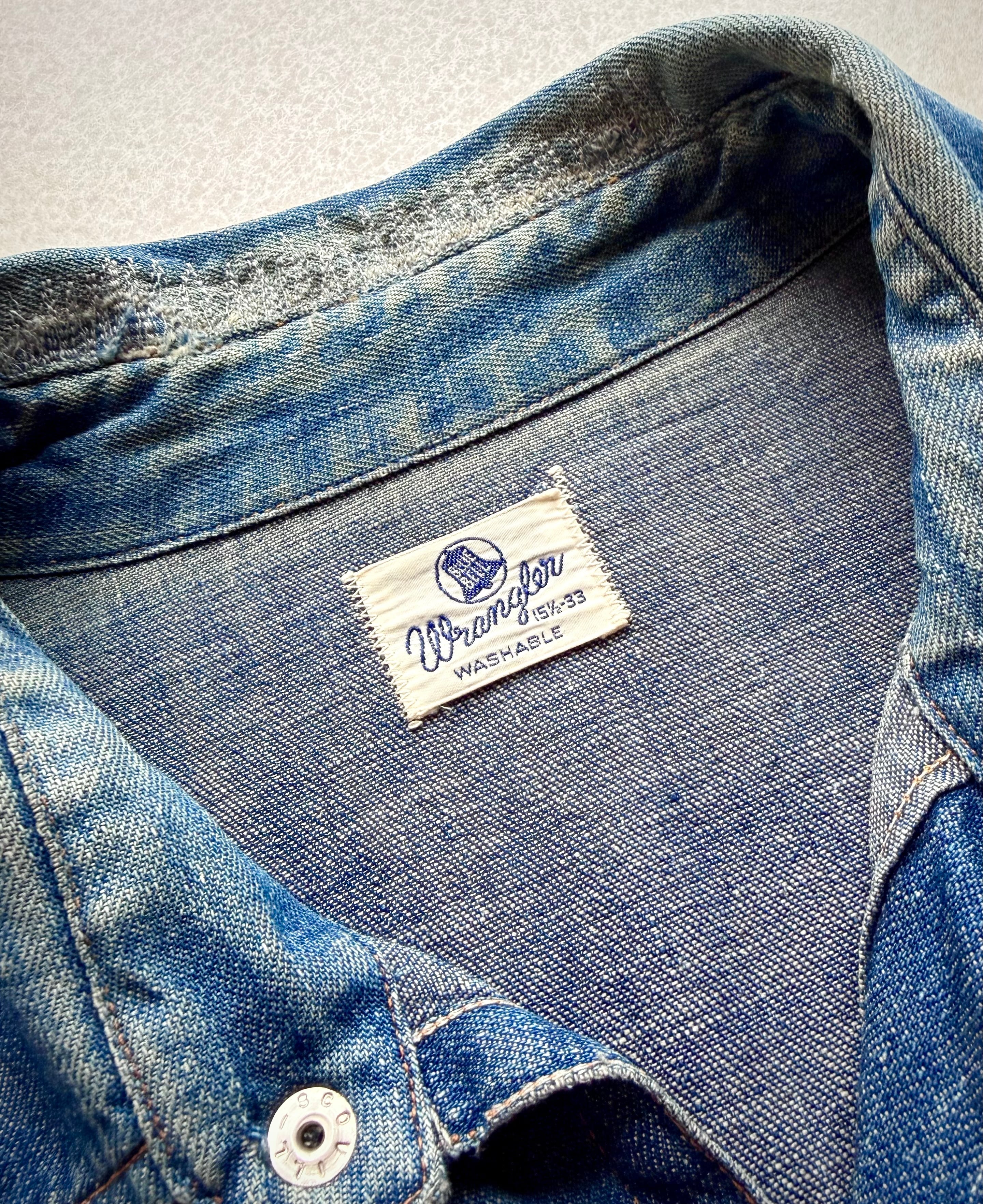70sWrangler 27MW デニムウエスタンシャツ USA 縦ベル移行期 60s USA製 “ WRANGLER ” 27MW BELL-TAG DENIM WESTERN SHIRT VINTAGE