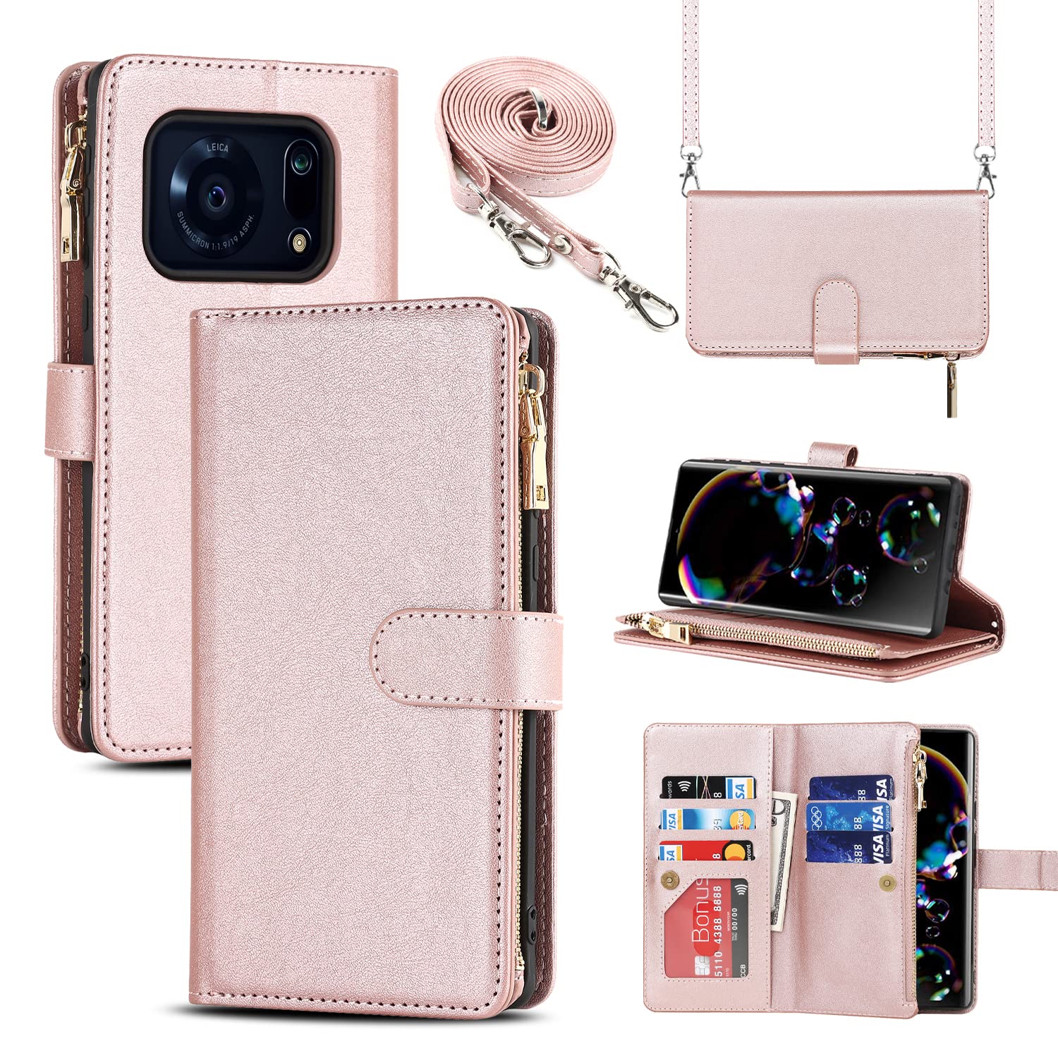Pelanty for SHARP AQUOS R6 縄掛けケース手帳型 SH-51B SH-M22 携帯カバー 肩掛け斜めがけ ショルダー 合成皮革+TPU マグネット 財布型カバー ICカード お札入れ小銭入れ大容量 収納ポケット スタンド機能 シャープ アクオスR6 ストラップ付き 落下防止 耐衝撃 全面保護(肩縄付き-ローズゴールド)
