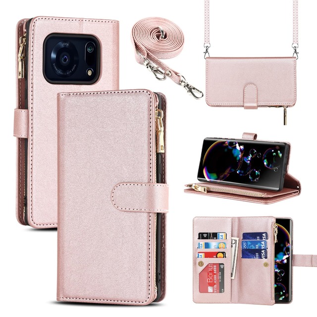 Pelanty for SHARP AQUOS R6 縄掛けケース手帳型 SH-51B SH-M22 携帯カバー 肩掛け斜めがけ ショルダー 合成皮革+TPU マグネット 財布型カバー ICカード お札入れ小銭入れ大容量 収納ポケット スタンド機能 シャープ アクオスR6 ストラップ付き 落下防止 耐衝撃 全面保護(肩縄付き-ローズゴールド)