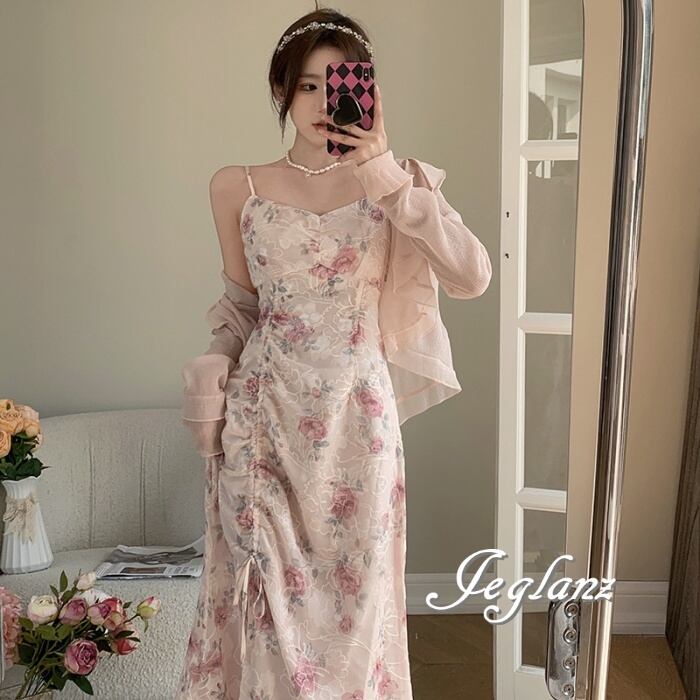 2点セット フリル カーデ 花柄 ギャザー スリット キャミワンピ セットアップ 2点 フリル カーディガン 花柄 ギャザー スリット