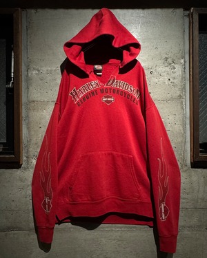 【Caka】00's “Harley-Davidson” Flame × Logo Print Loose Pullover Hoodie