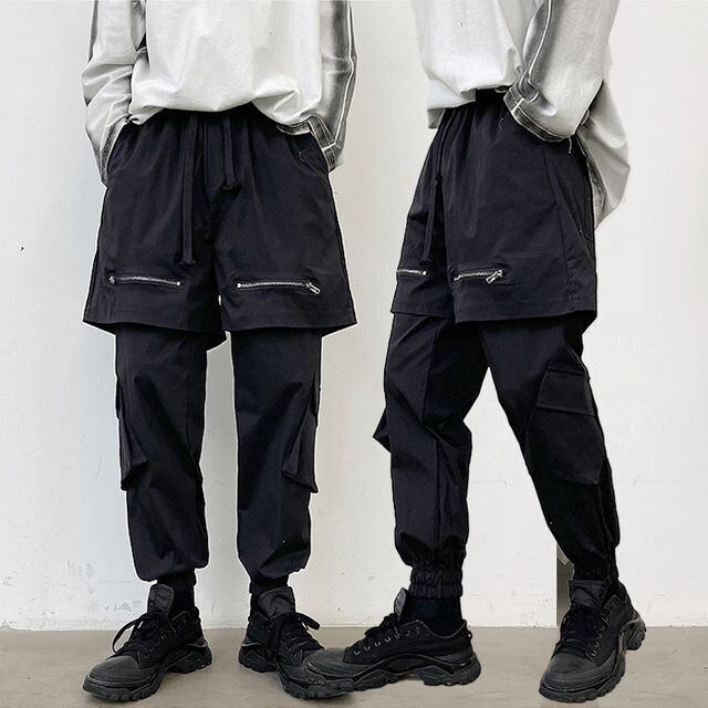 【予約販売】ジョガーパンツ メンズ 重ね着 レイヤード ブラック カジュアル スポーティー スタイリッシュ こなれ感 お洒落 韓国 トレンド 春 夏 秋 M/L/XL/2XL