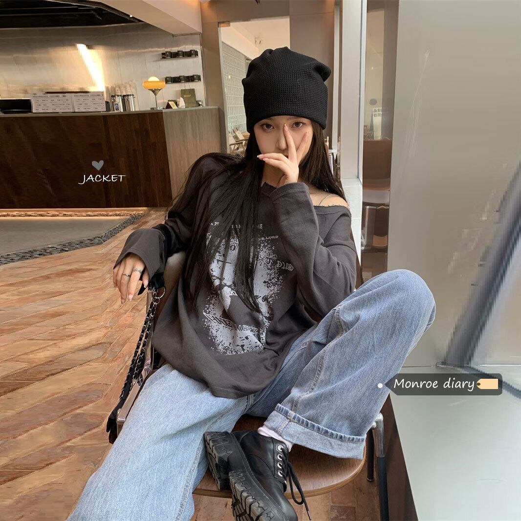 スタンダードグレープリント柄ルーズTシャツ シャツ オータム薄手トップス ロング レトロ 秋物 モンロー83386509270