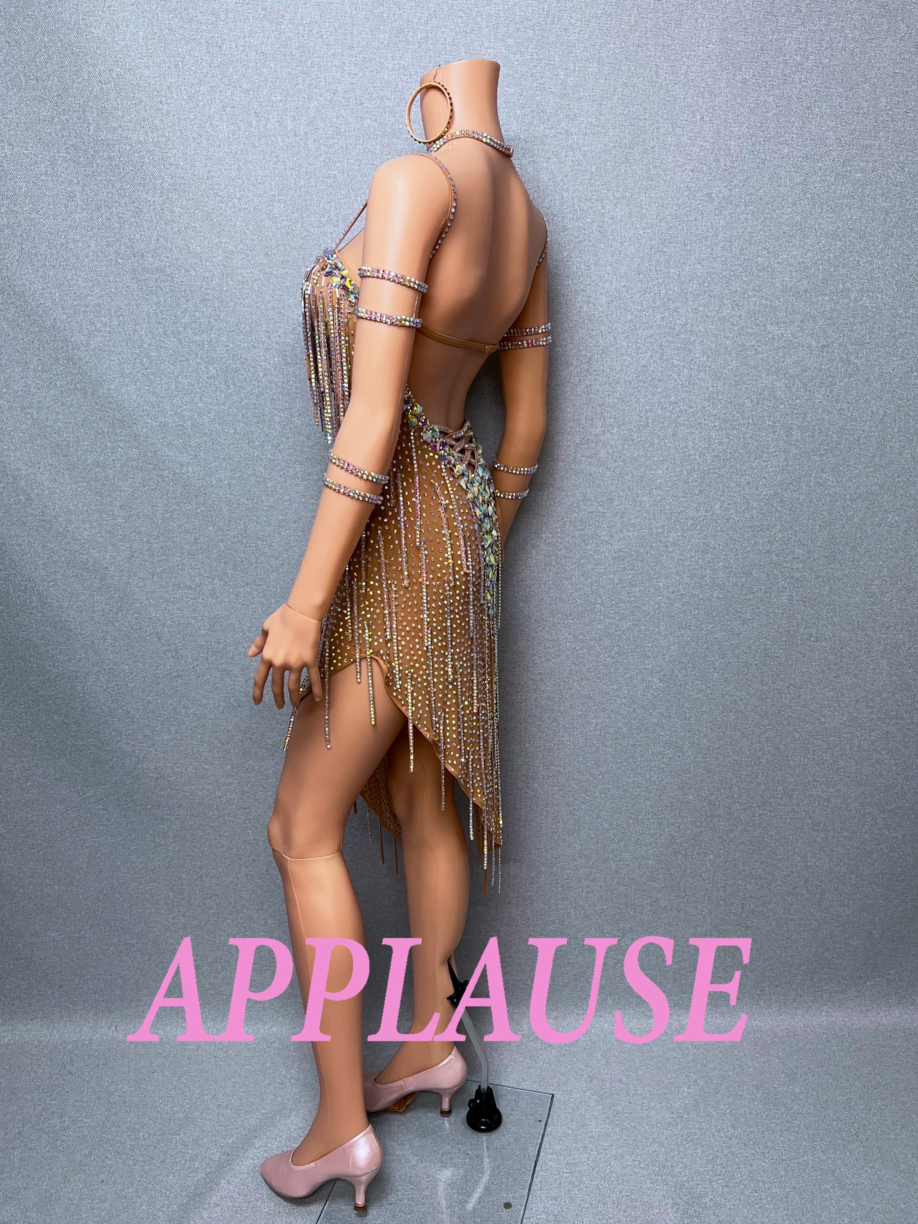 【新着】社交ダンスドレス　ラテンドレス　LA-25-4　 ダークベージュ　M　デモ・競技用ドレス　発表会衣装　パーティドレス　ワンピース　舞台衣装