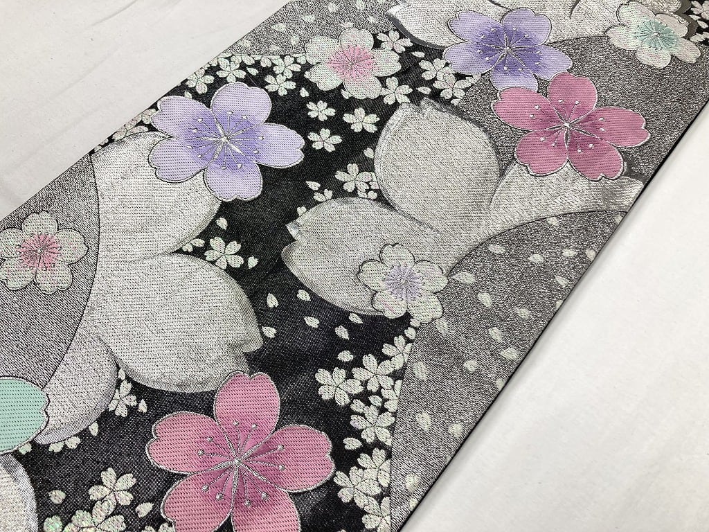 型染め友禅 帯セット 振袖 袋帯 花柄 正絹 クリーム 黒 ピンク 034