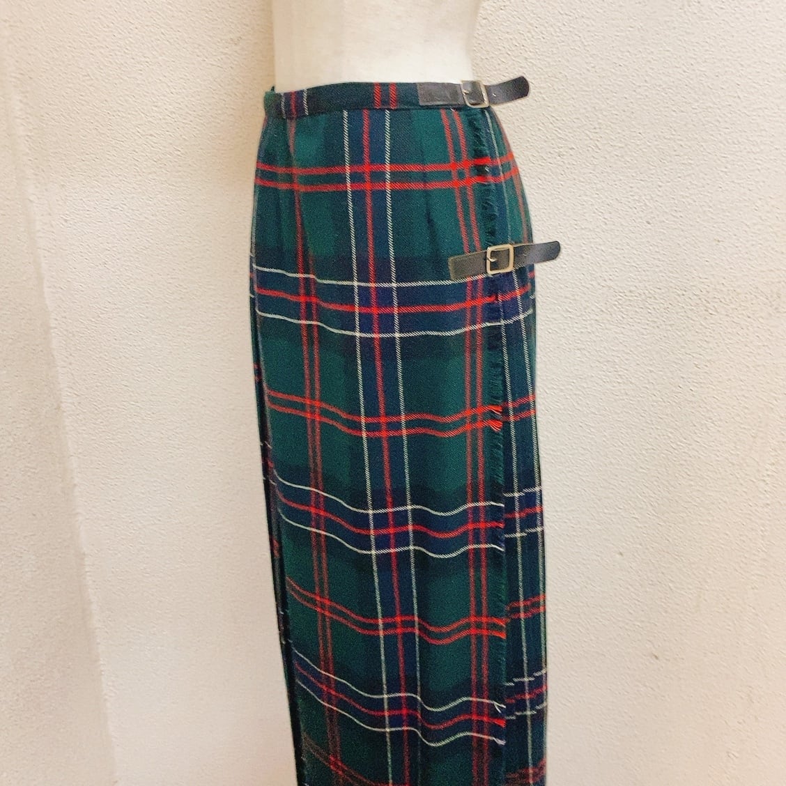 ヴィンテージ　ウール巻きスカート　緑　チェック柄　マキシ丈　ロングスカート　vintage wool skirt