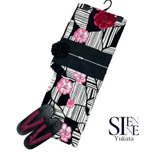 浴衣ジェンヌ 浴衣5点セット 黒 白 よろけ 椿 モノトーン レディース浴衣 綿 ゆかた 半幅帯 浴衣