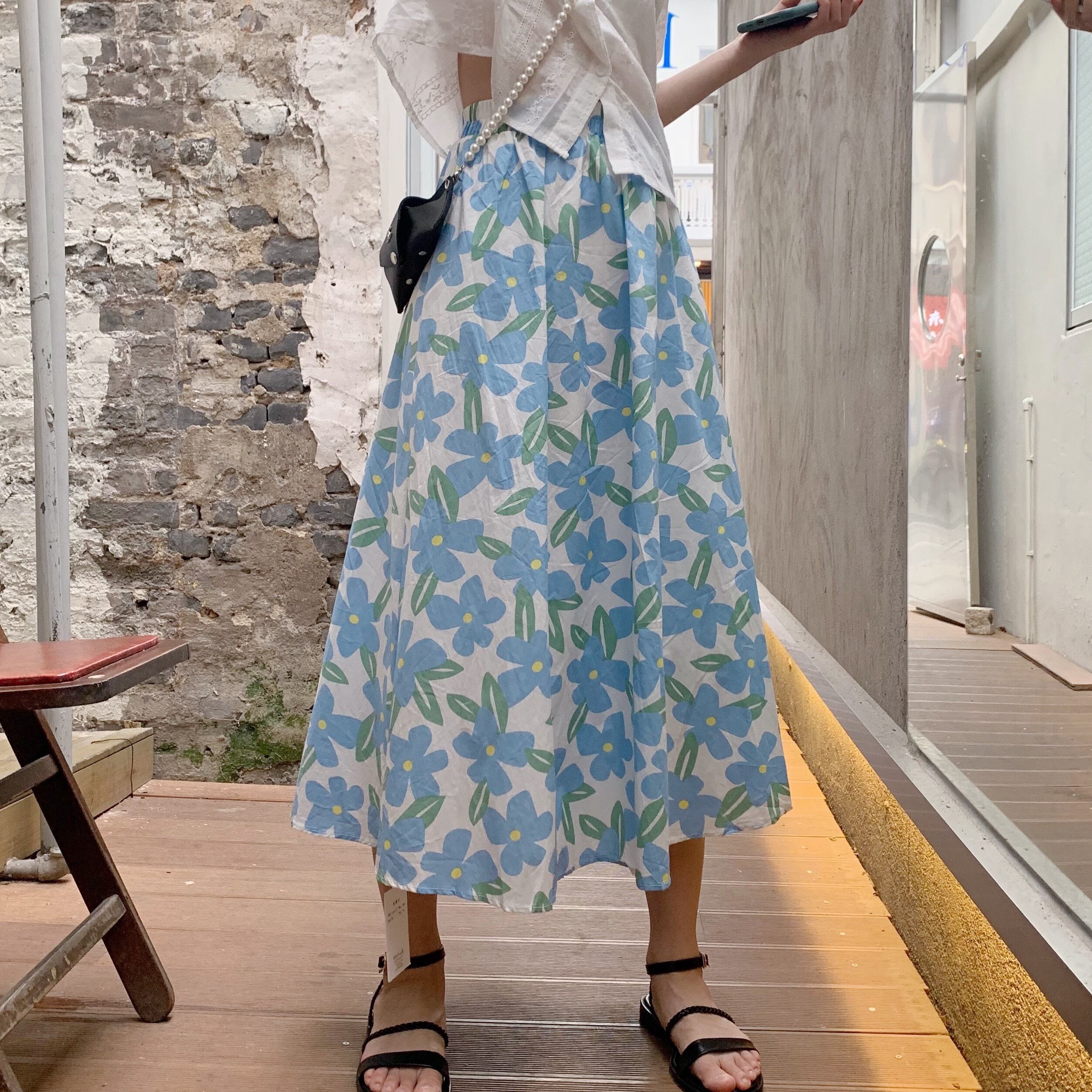 スカート サマーブループリント柄ストレッチハイウェスト薄手Aライン エラスティック 伸縮 夏物 ビッグFスモールZ韓国7614680877