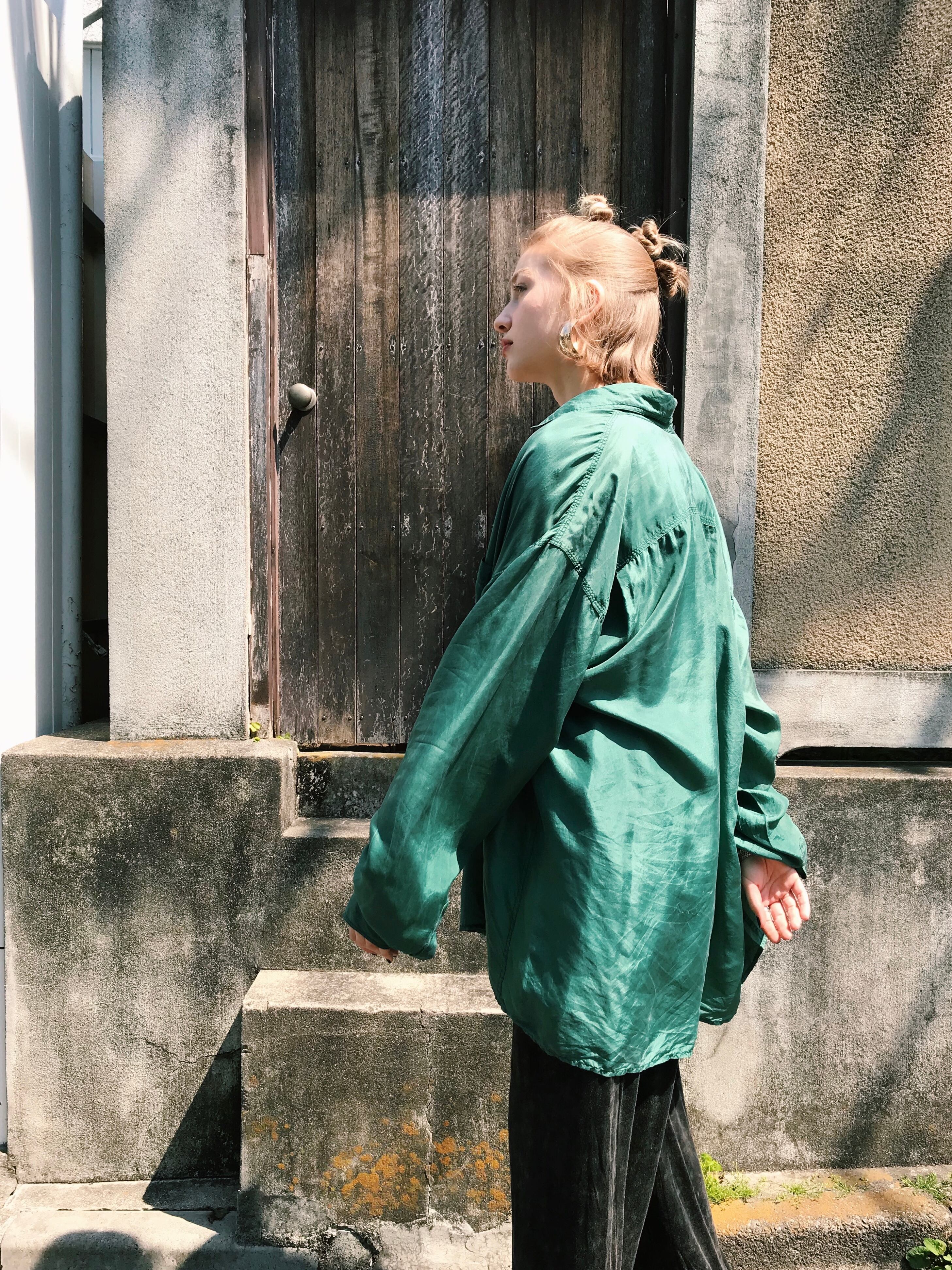 80s green big silk shirt ( ヴィンテージ グリーン ビッグ シルク