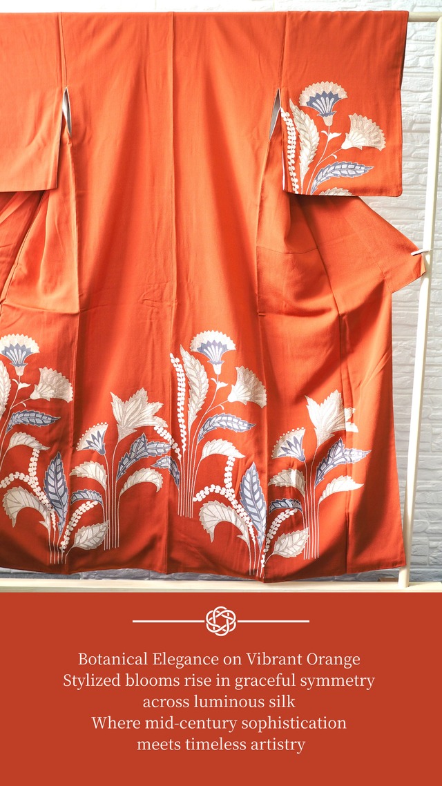 Regenerated Kimono Royal coat – Handcrafted in Japan/BOTANICAL ELEGANCE ON VIBRANT ORANGE  着物リメイクのロイヤルコート｜日本のヴィンテージシルクを再生した一点物/鮮やかなオレンジに咲く、植物の優雅