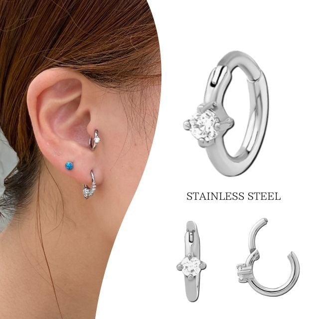 トリプル シルバーカットアウト ワンタッチピアス ワンタッチピアス 16G 立爪 ジルコニアピアス クリッカー 金属