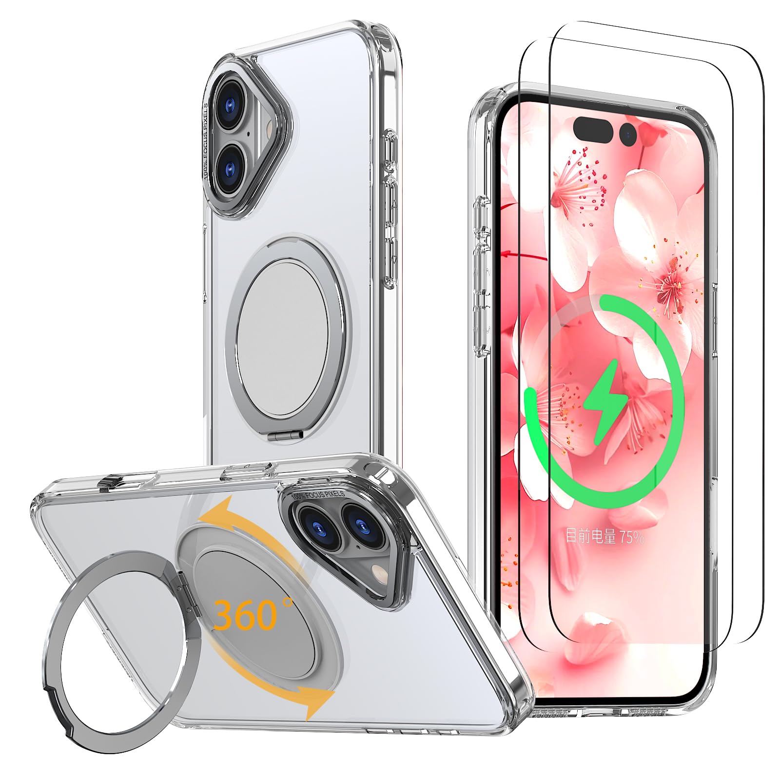 HCXLYP iPhone 16 ケース MagSafe対応 マグネット搭載 スタンド付き ワイヤレス充電対応 半透明 クリア