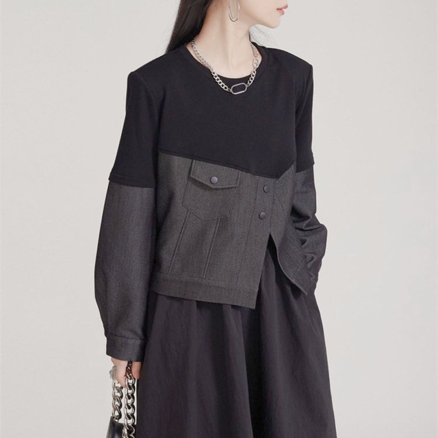 Bicolor denim switch design sweat top C0935