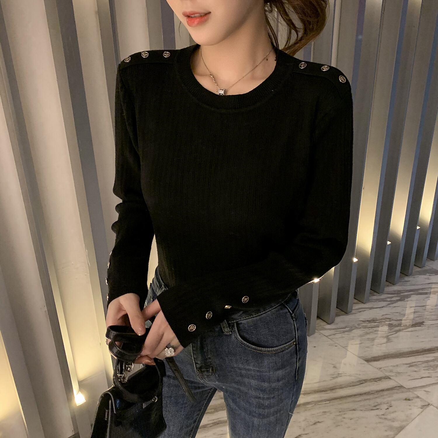 オータムウィンタースリムニットセーター ブラックトップス 秋物 冬物 6Du_Shop_Women46908902223