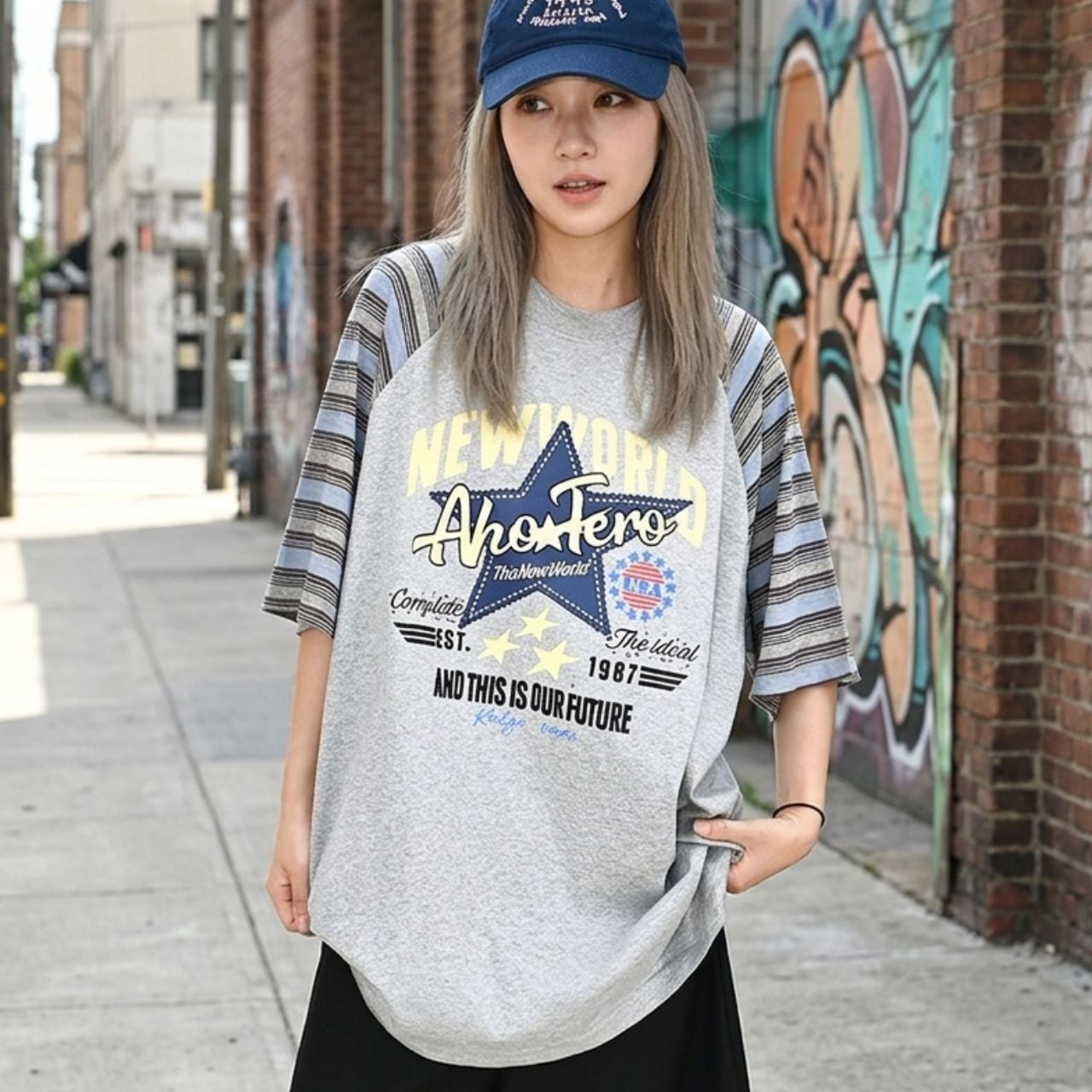 スタープリントボーダースリーブミックスワイドTシャツ 2col R02199