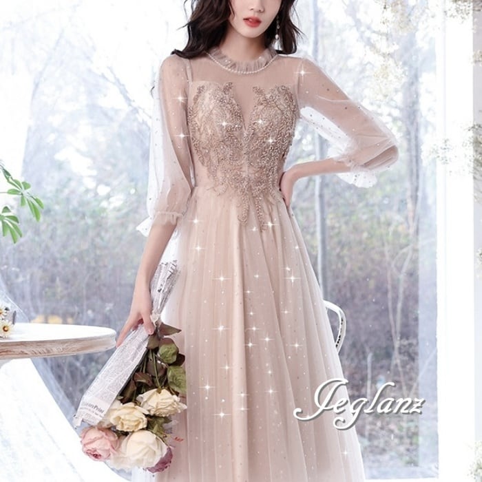 パーティ ドレス チュール 透け感 パール 光沢感 7分袖 ロング/イブニング(M8478)ζ