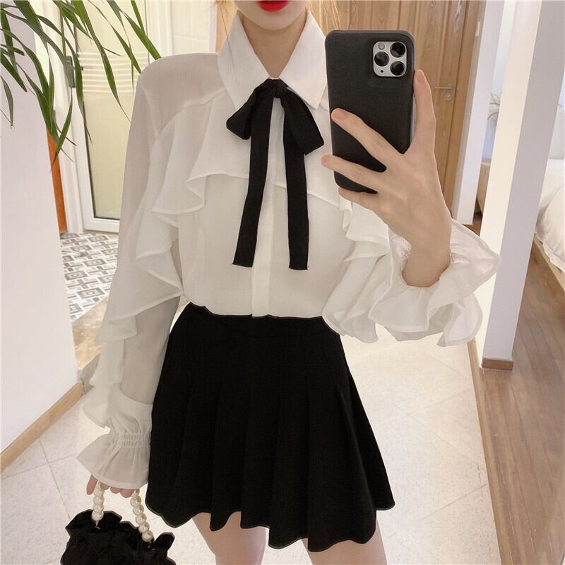 トップス レディース シャツ ブラウス シフォン フリル 長袖 透け感 シアー かわいい 大人可愛い きれいめ 上品 エレガント 清楚 フェミニン おしゃれ お洒落 綺麗 お嬢様 こなれ感 ラブリー キュート ロマンチック 抜け感 送料無料 存在感 無地 OL 通勤 学生 通学 デート お出かけ 女子会 休日 フリーサイズ 春 秋 ホワイト ボウタイ 10代 20代 30代 韓国 韓国系 着回し 普段使い 重ね着 ギフト プレゼント ファッション コーデ プチプラ モテ トレンド 流行 インスタ映え