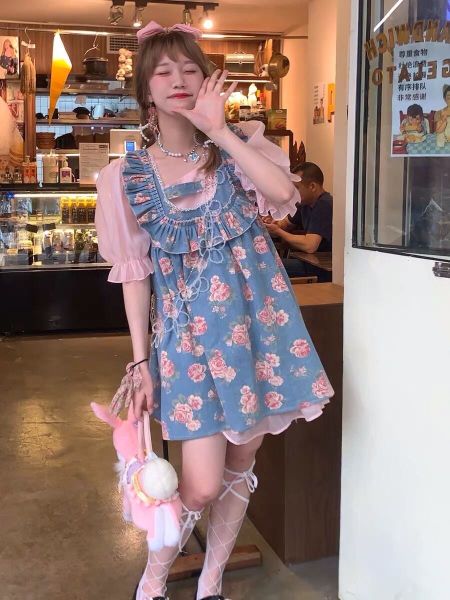アメリカンデニム　フード付きワンピース　くまさん♡見本 2カラー 】赤 デニム くまさん ワンピース ガーリー シンプル ゆったり