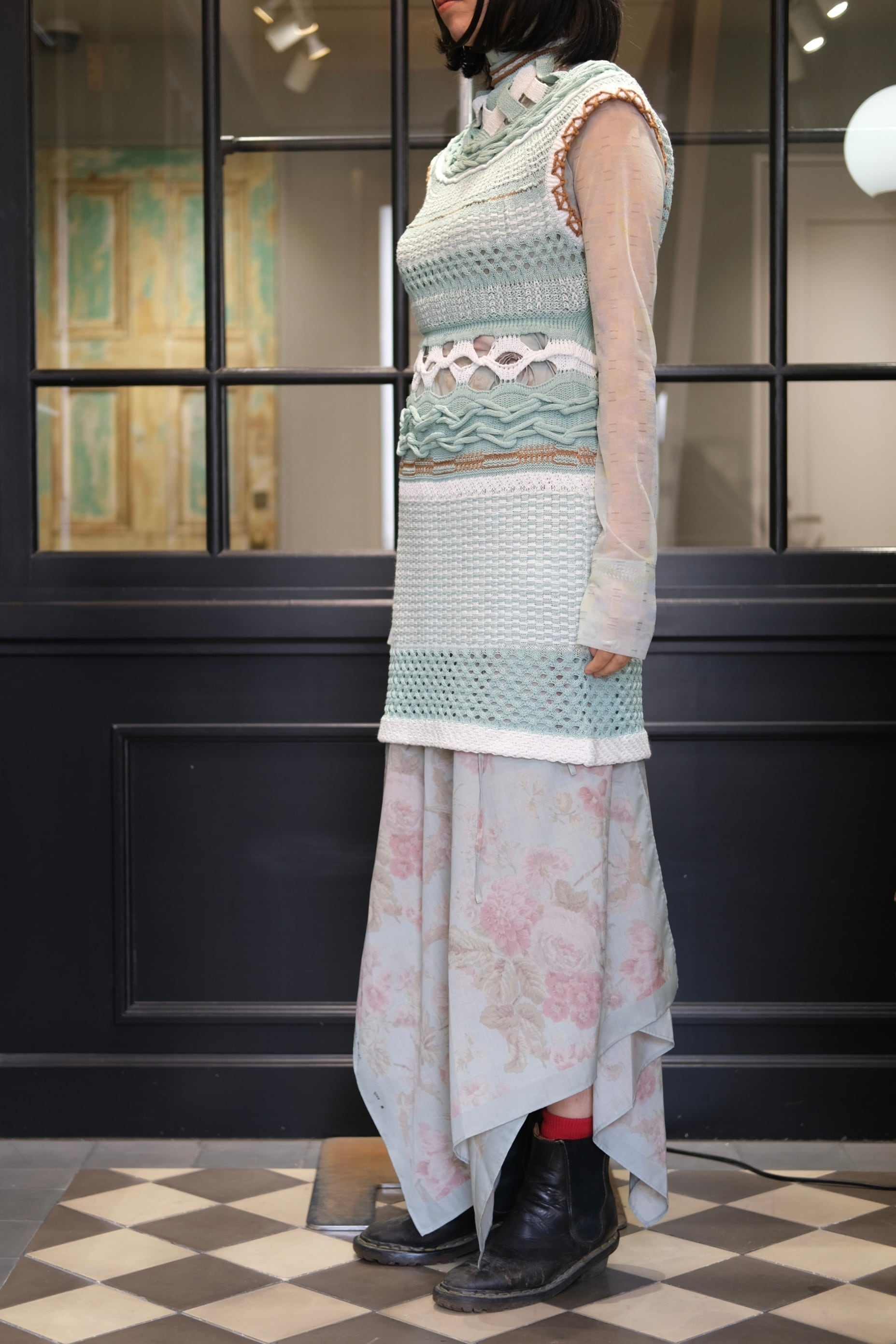 Mame Kurogouchi】Bamboo Basket Pattern Knitted Dress - mint green