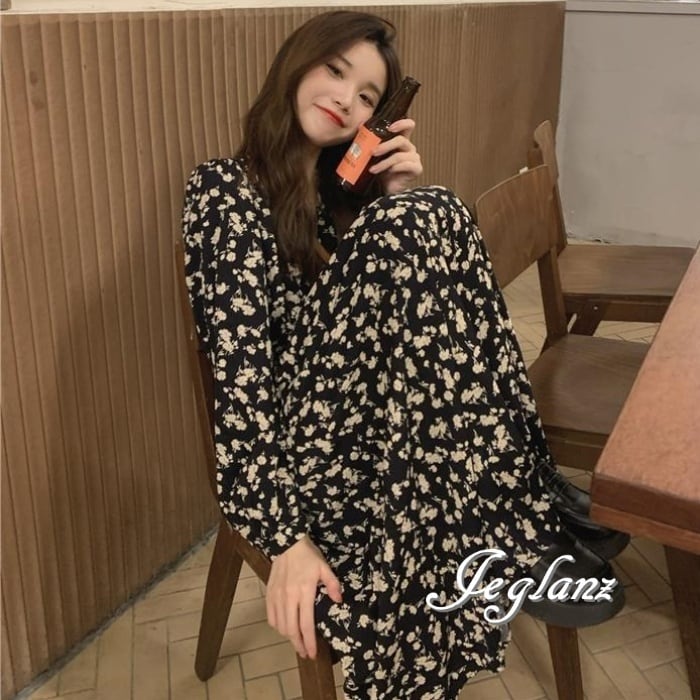 花柄 プリント カシュクール ワンピ 長袖 きれいめ 紐ベルト 2色 花柄 プリント カシュクール ワンピース きれいめ 紐ベルト 2色