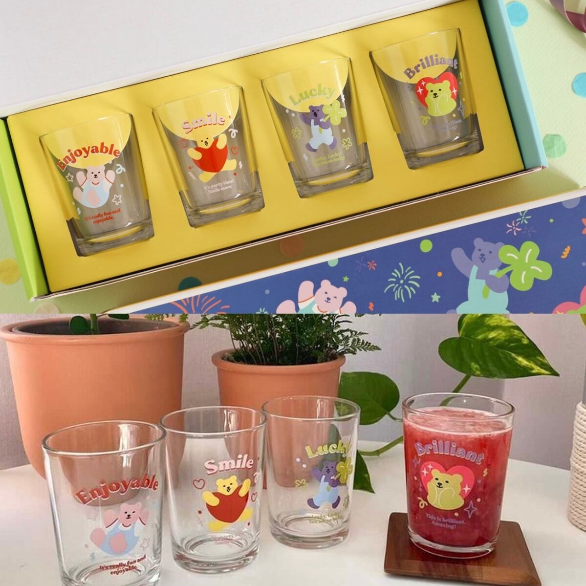 【4個セット】retro character cup set 238ml / レトロ キャラクター コップ セット ベア ガラス 韓国雑貨