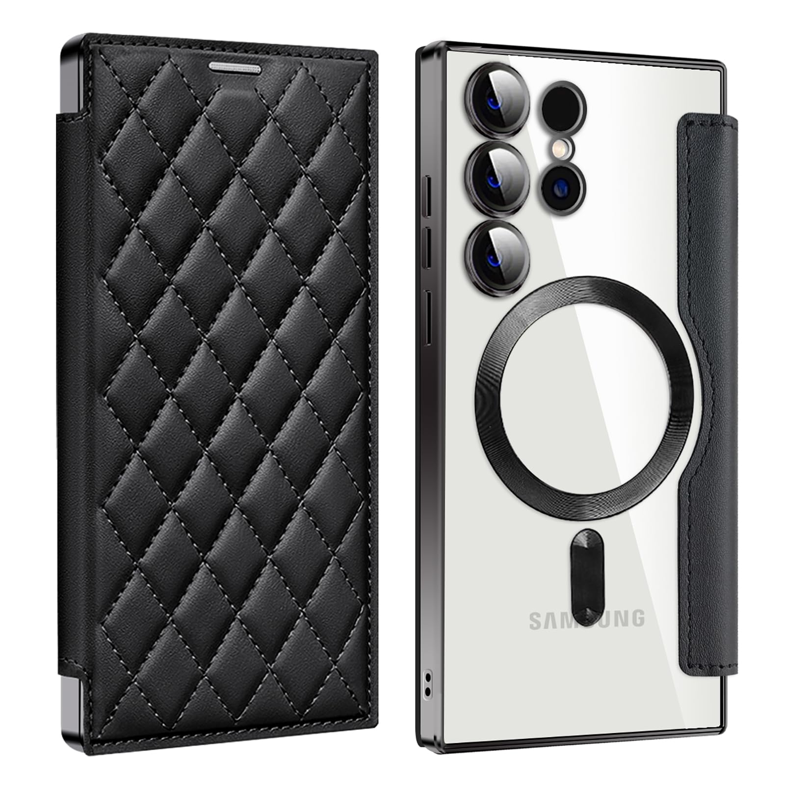 Galaxy S26 Ultra 用 ケース RFID 手帳型 財布型 背面透明 Magsafe対応 カードポケット付き ギャラクシーS26 Ultra 用 携帯カバー カード収納 スマホケース 高級レザー 耐衝撃 全面保護(ブラック)