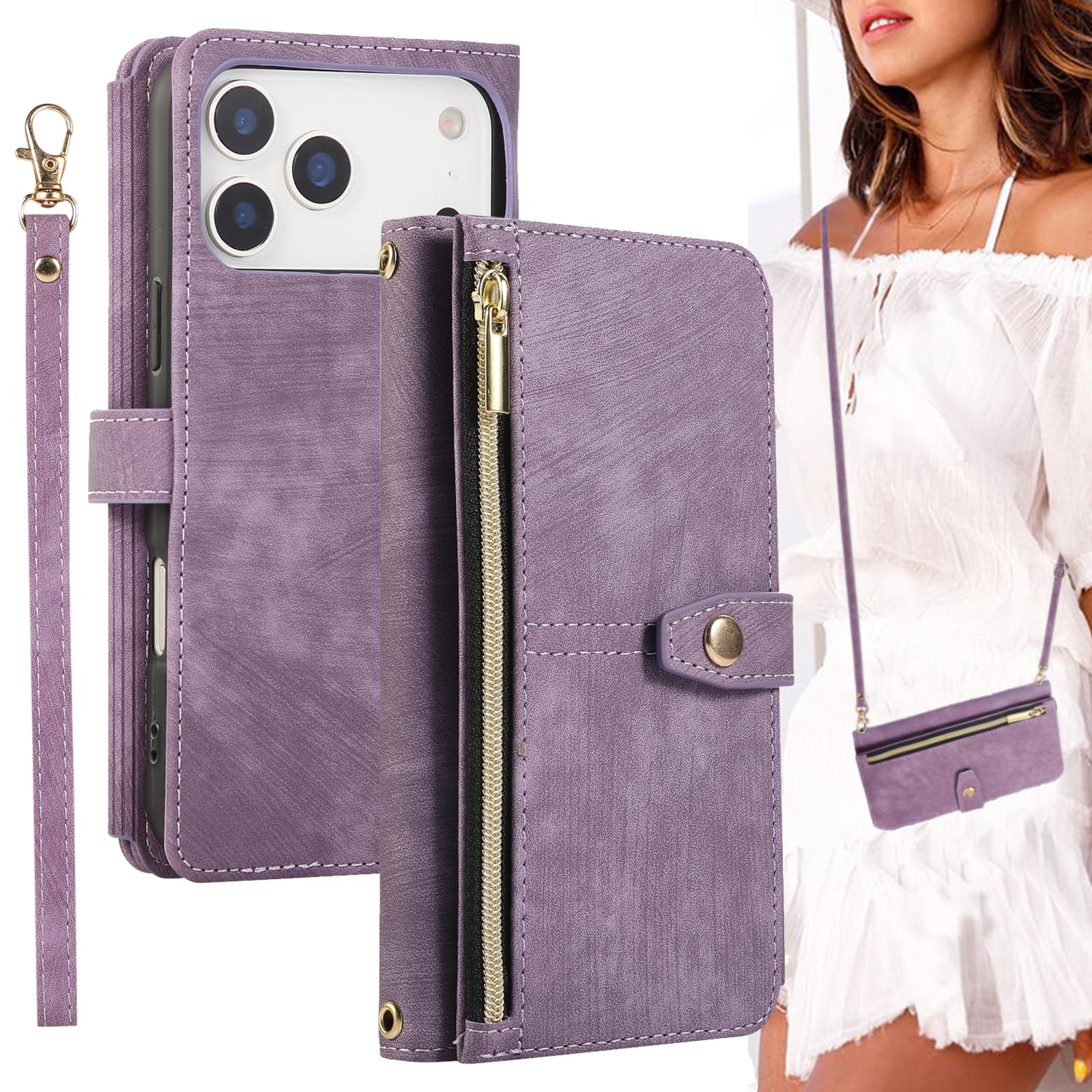 BonwFzin For IPhone 17 Pro MAX ケース 手帳型 ショルダー 適用 【 ストラップ 二本同梱】 アイフォン17プロマックス ショルダーケース IPhone17ProMAX 手帳 スマホケース ストラップホール付き バッグ マグネット 肩がけ 斜め掛け ファスナー ジッパー スタンド カード入れ レトロ パープル