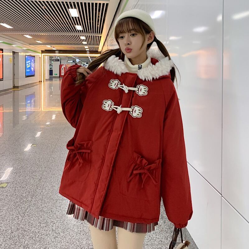 ウィンターレッドコート レディースベルベットルーズファーカラーフードジャケット コットン 冬物 萌量不足72851012383