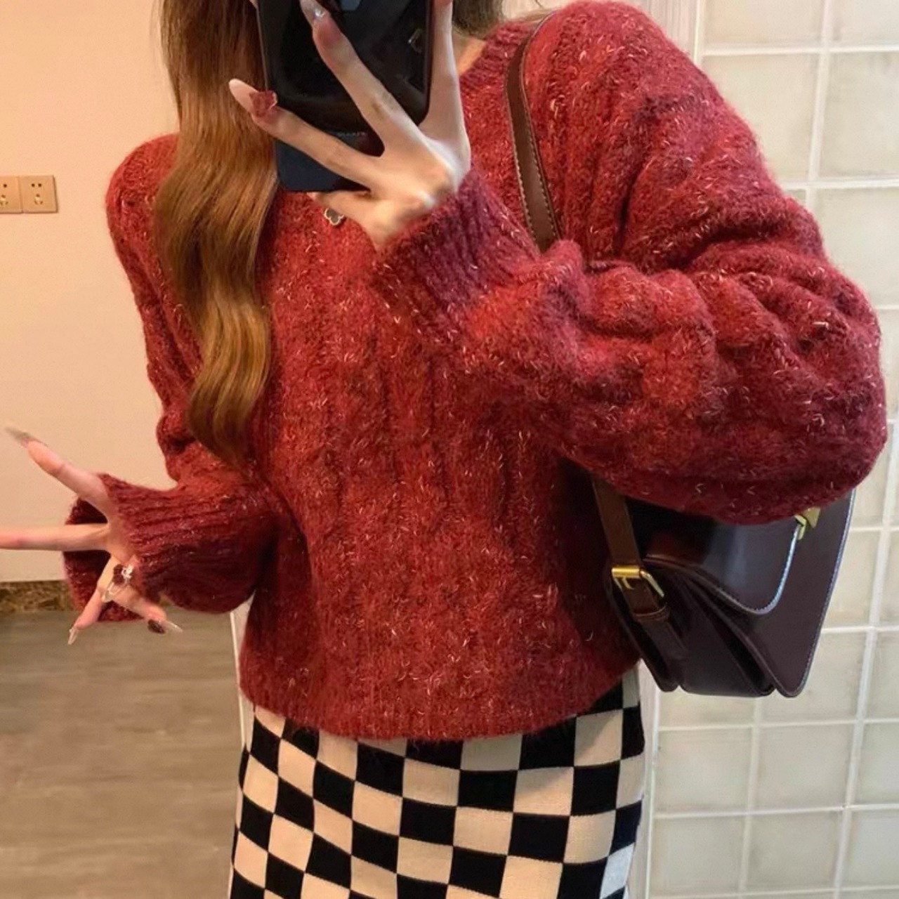 Red Retro Twist-Knit Sweater