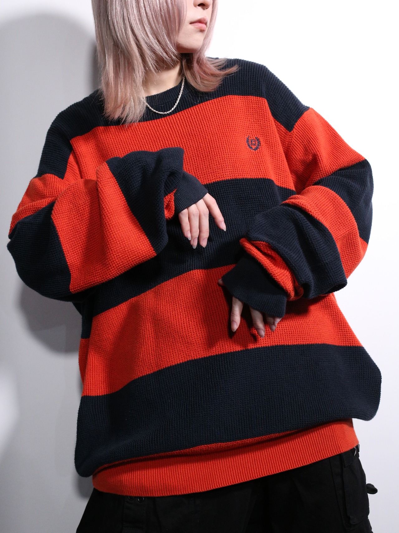 "CHAPS" orange × black good coloring cotton knit - 2
