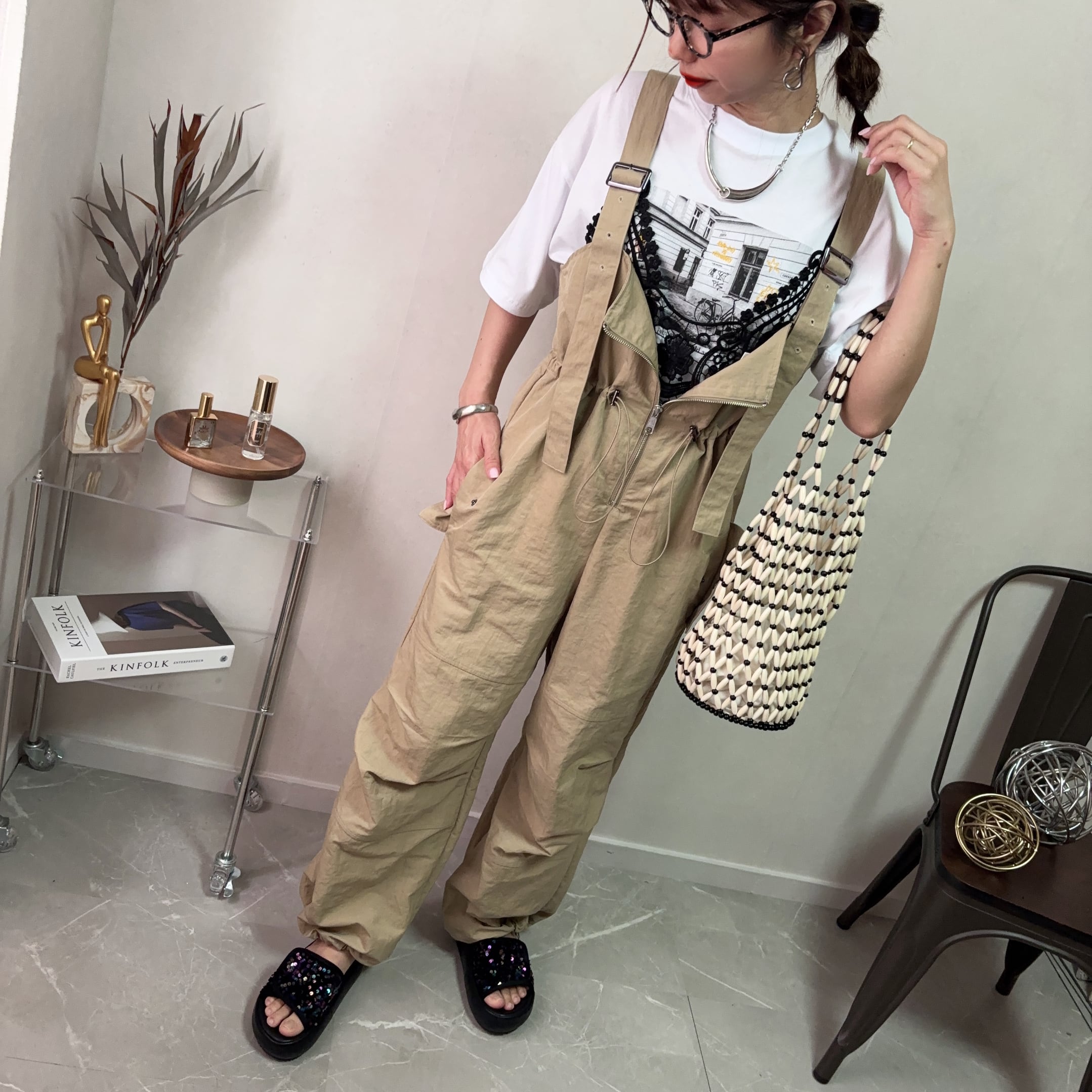 nylon front zip west gathe salopette【beige】