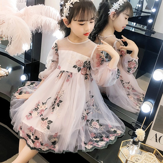 【女の子 ワンピース】かわいい花柄刺繍のプリーツドレス　ワンピース