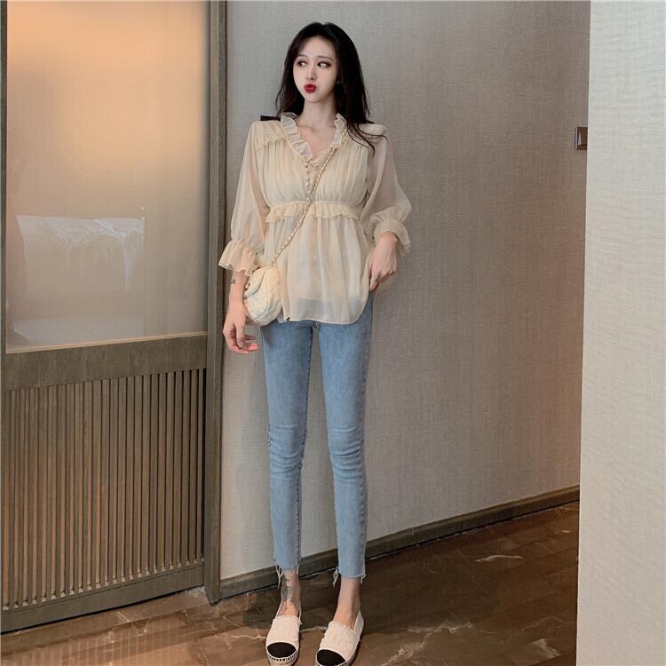 シフォンシャツレディーススイートウッドイヤーVネックフェアリー気質ウエストスリミングエインスタイルスモールシャツ2020夏新作 YY-ファッション55384093529
