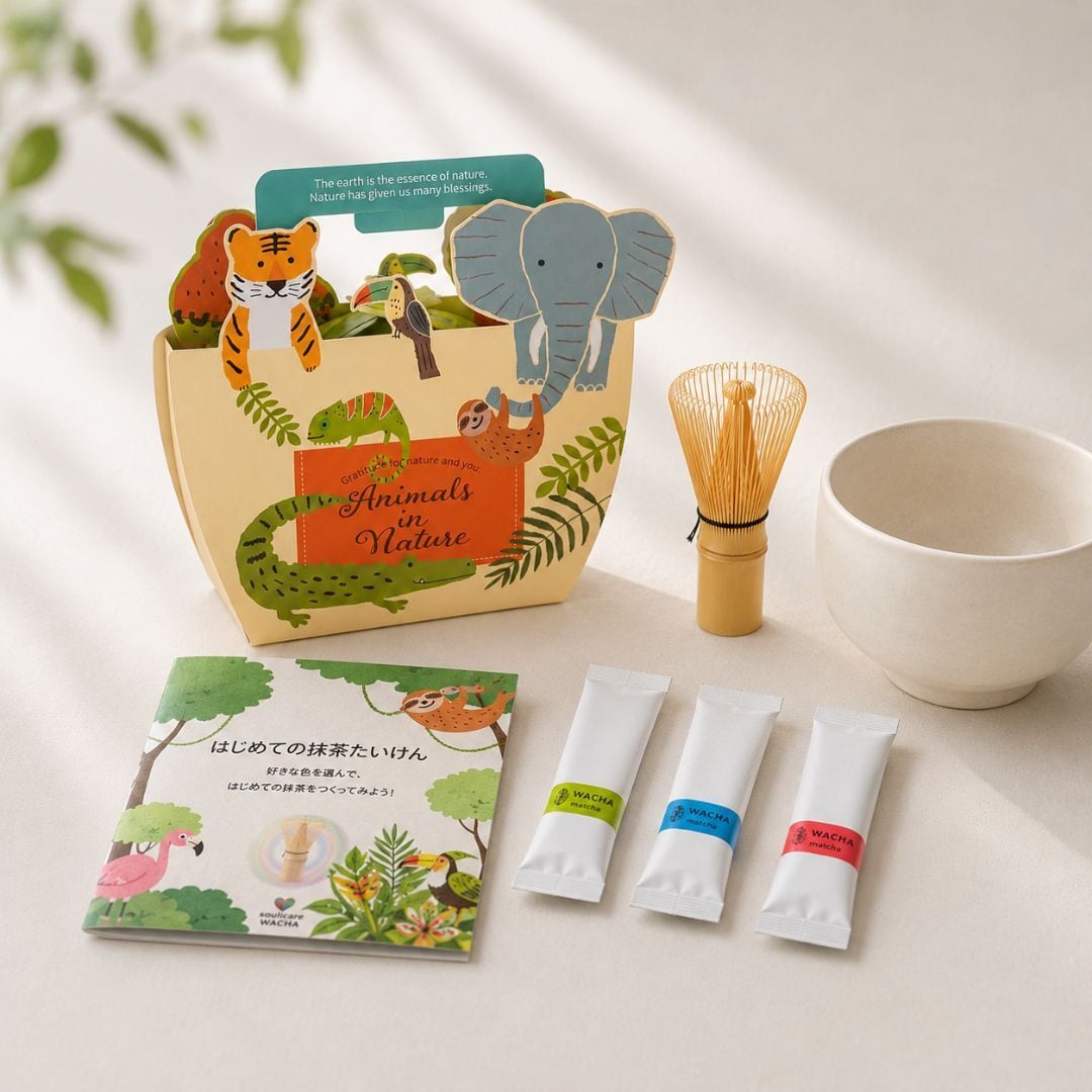 親子で楽しむ はじめての抹茶体験キット|My First Matcha|抹茶キット 子供(割れにくい茶碗・ミニ野点茶筅・3色抹茶スティック付き)|WACHA