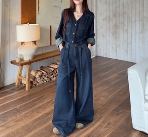 デニムセットアップ レディース 長袖 デニムシャツ ワイドパンツ 上下セット  ルーズ ゆったり オーバーサイズ 韓国 ファッション 大人カジュアル ストリート  20代 30代 40代 おしゃれ 大人可愛い ヴィンテージ感 マニッシュ 休日コーデ 旅行 お出かけ ママコーデ CO5420