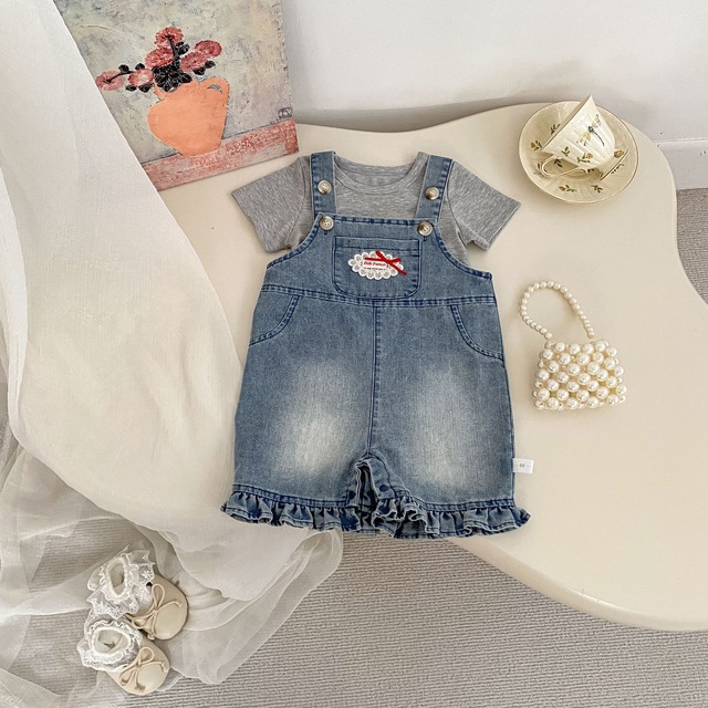 【BABY】フリル刺繍デニムサロペットロンパース - 9