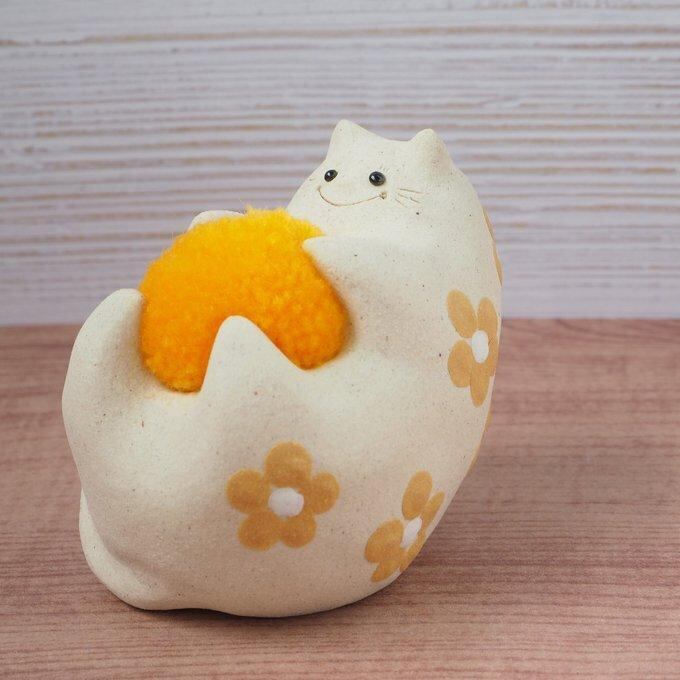 オリジナル陶器猫「ねこのひげ枕」 へそ天タイプ 親ねこ 黄花柄 | Dela猫