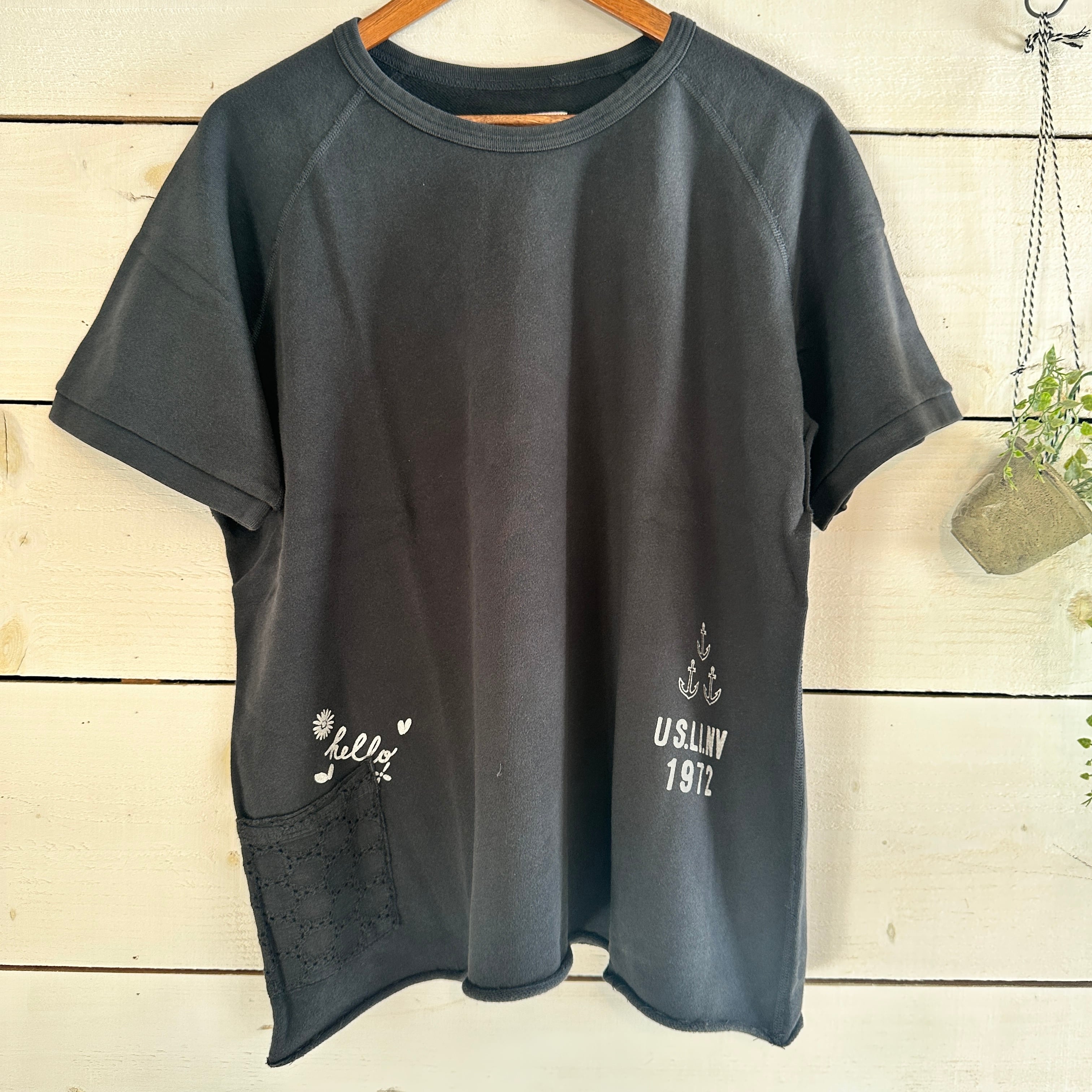 『People's』2458 ミニ裏毛 硫化染め 裾裁切り 半端袖 スウェット　フリーサイズ