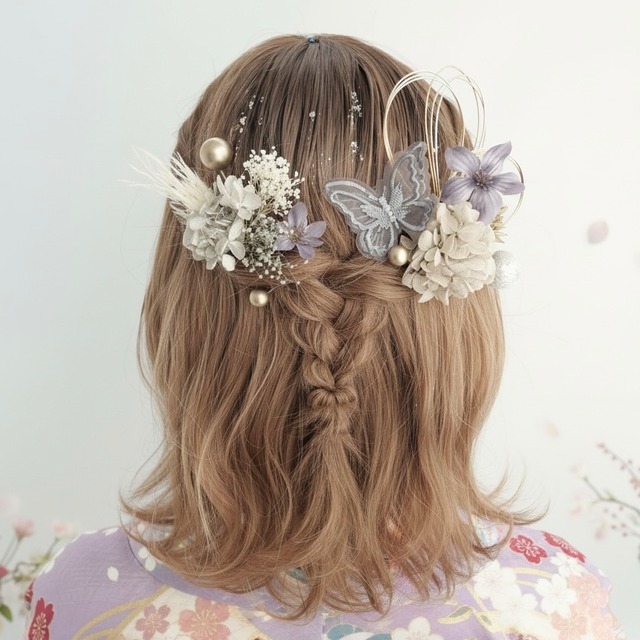 A043 ドライフラワー　髪飾り　グレー　卒業式　袴　成人式　振袖　結婚式　和装