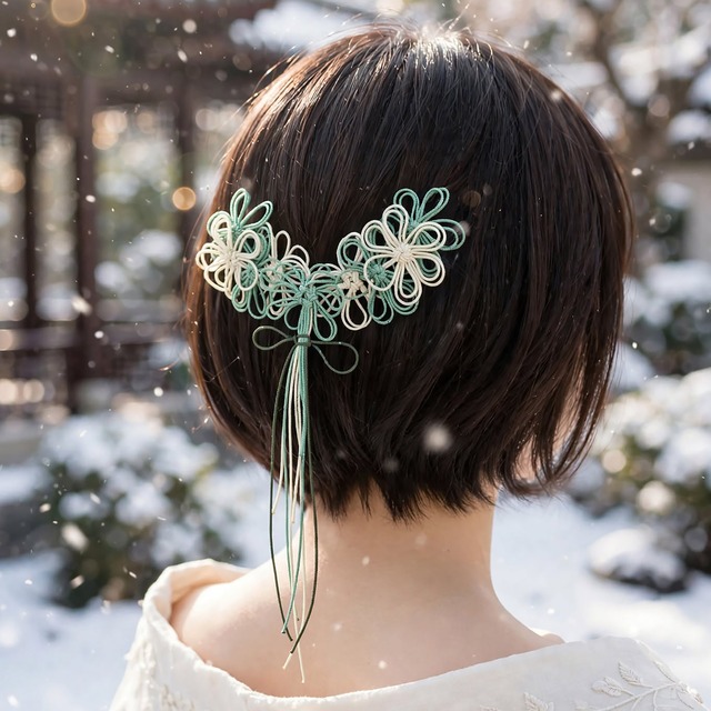 飾り結びヘアピン「想ヒニ謡」（アイボリー×淡緑×深緑）【軽量バックカチューシャ】