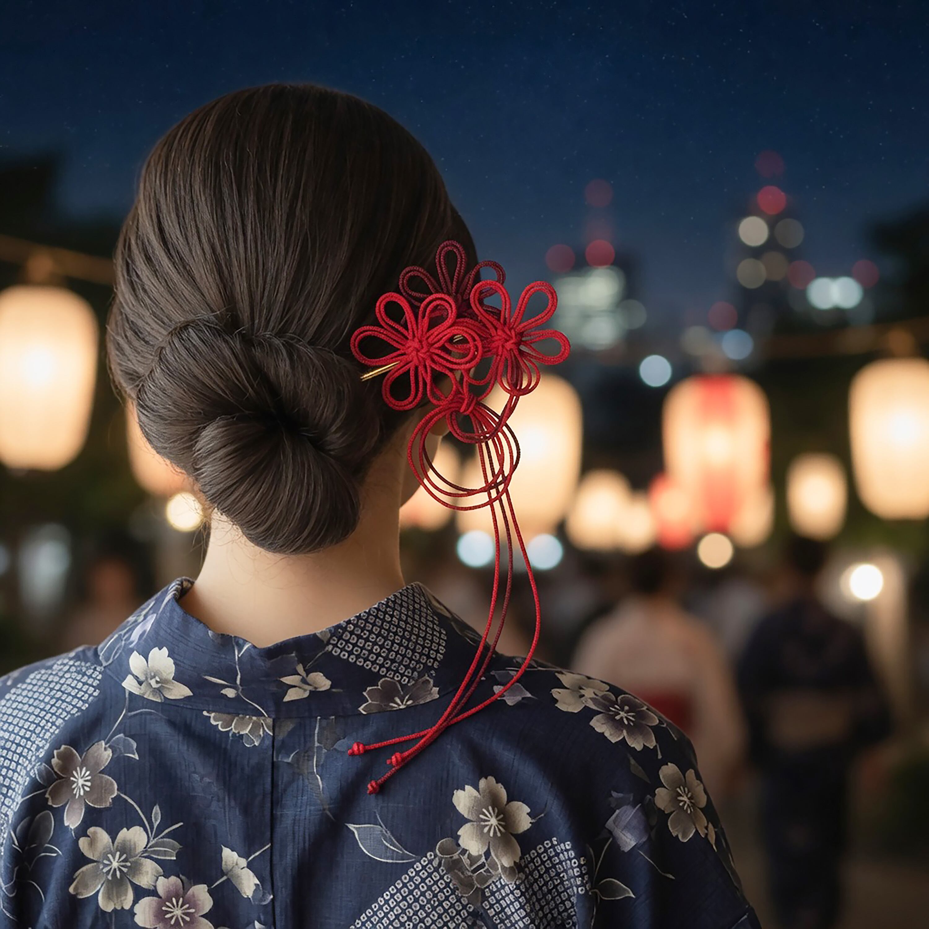 飾り結びかんざし「仰ぎ見るは」(赤×臙脂)【軽量】浴衣・着物・フォーマルの和装ヘアに。